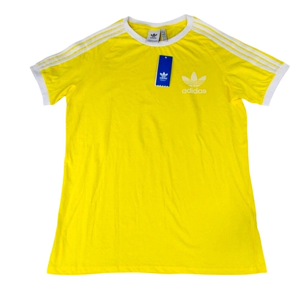 Adidas Shirt Mens 2XL Yellow Trefoil Ringer Graphic Tee 3 Stripe Logo